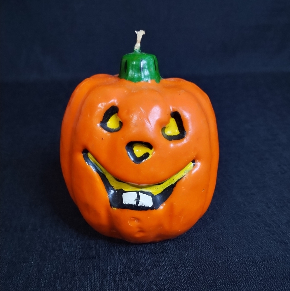 Vintage Orange Carved Painted Jack-O'-Lantern Face Wax Decorative Candle